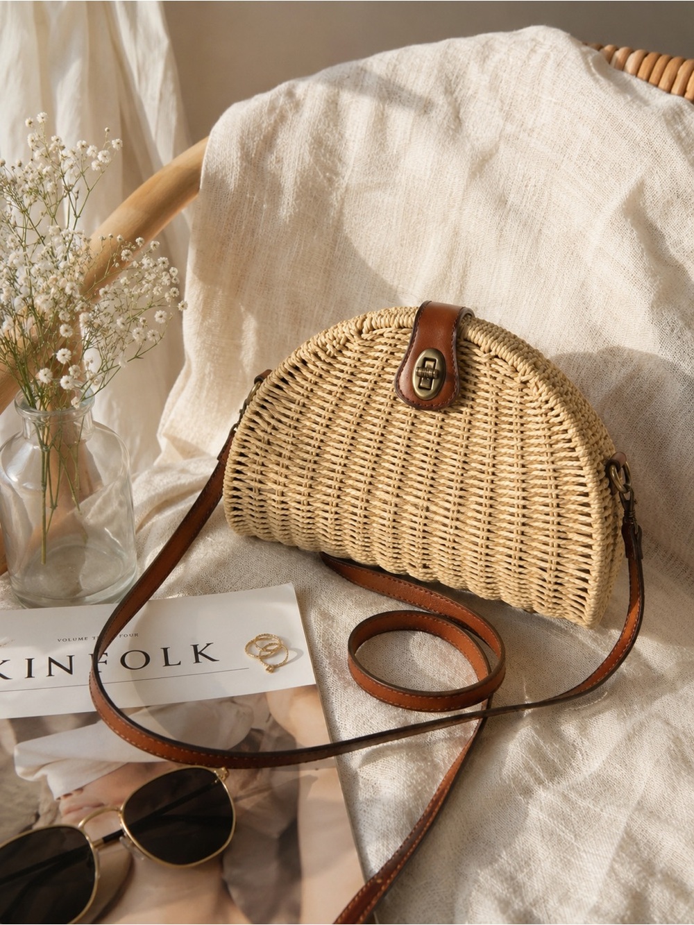 Patricia Nash Vintage Style  Susella Wicker Crossbody Bag Natural Straw /Leather